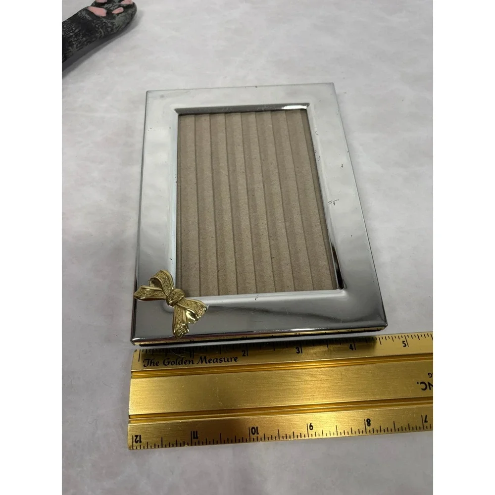 Vintage Silver Tone Picture Frame Gold Bow Accent 3.5x5 Tabletop Wall Hanging
